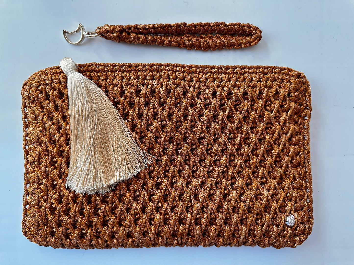 Glittered Detailed Mustard Hand-Crocheted Luxury Clutch Bag
